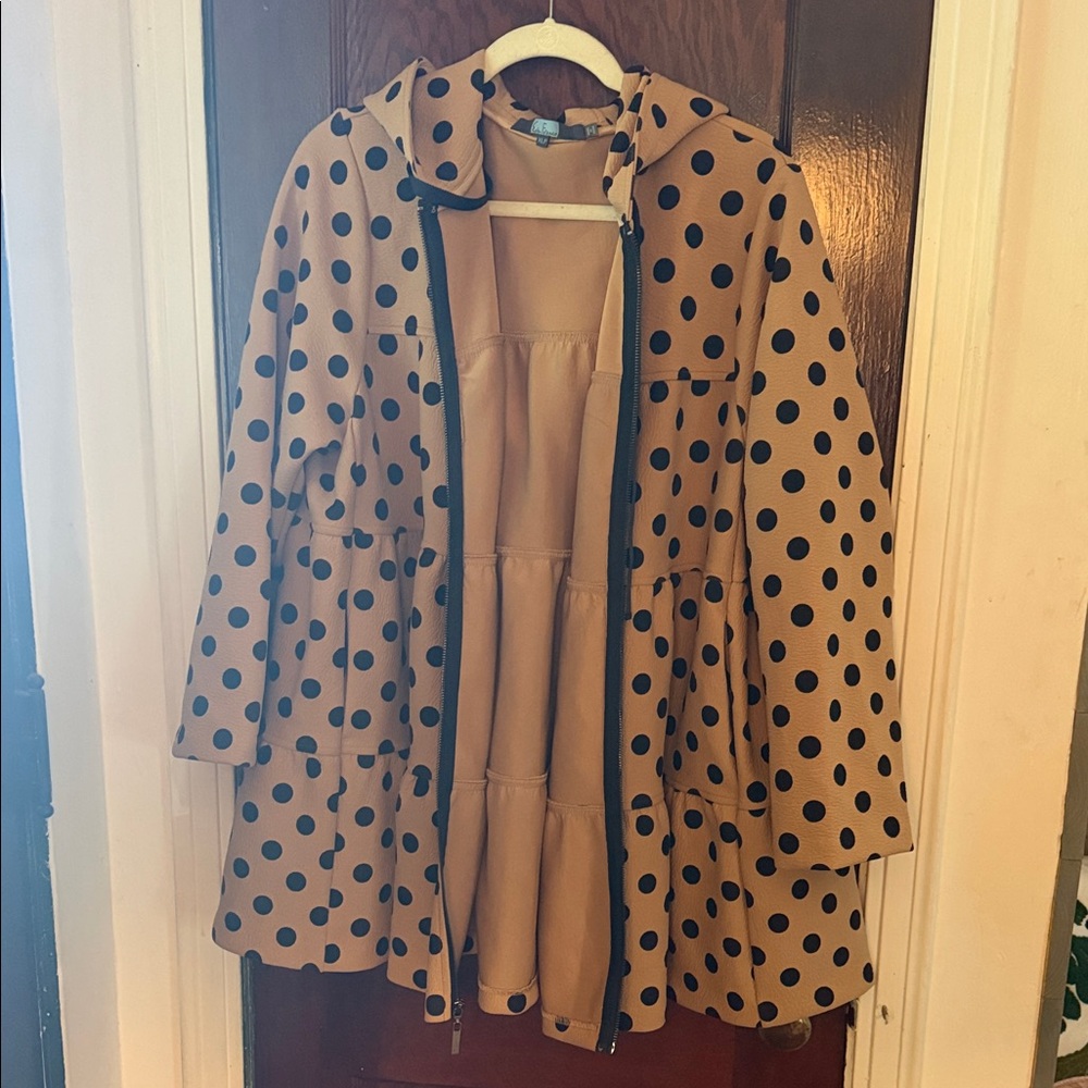 Anthropologie Tan Trench Coat with Black Polka Dots